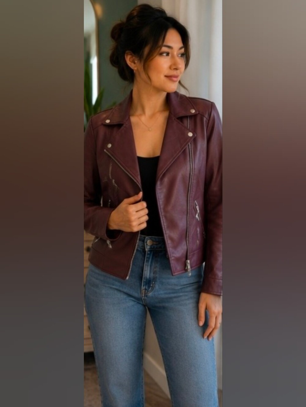 Forever 21 Burgundy Faux Leather Moto Jacket. Size MEDIUM